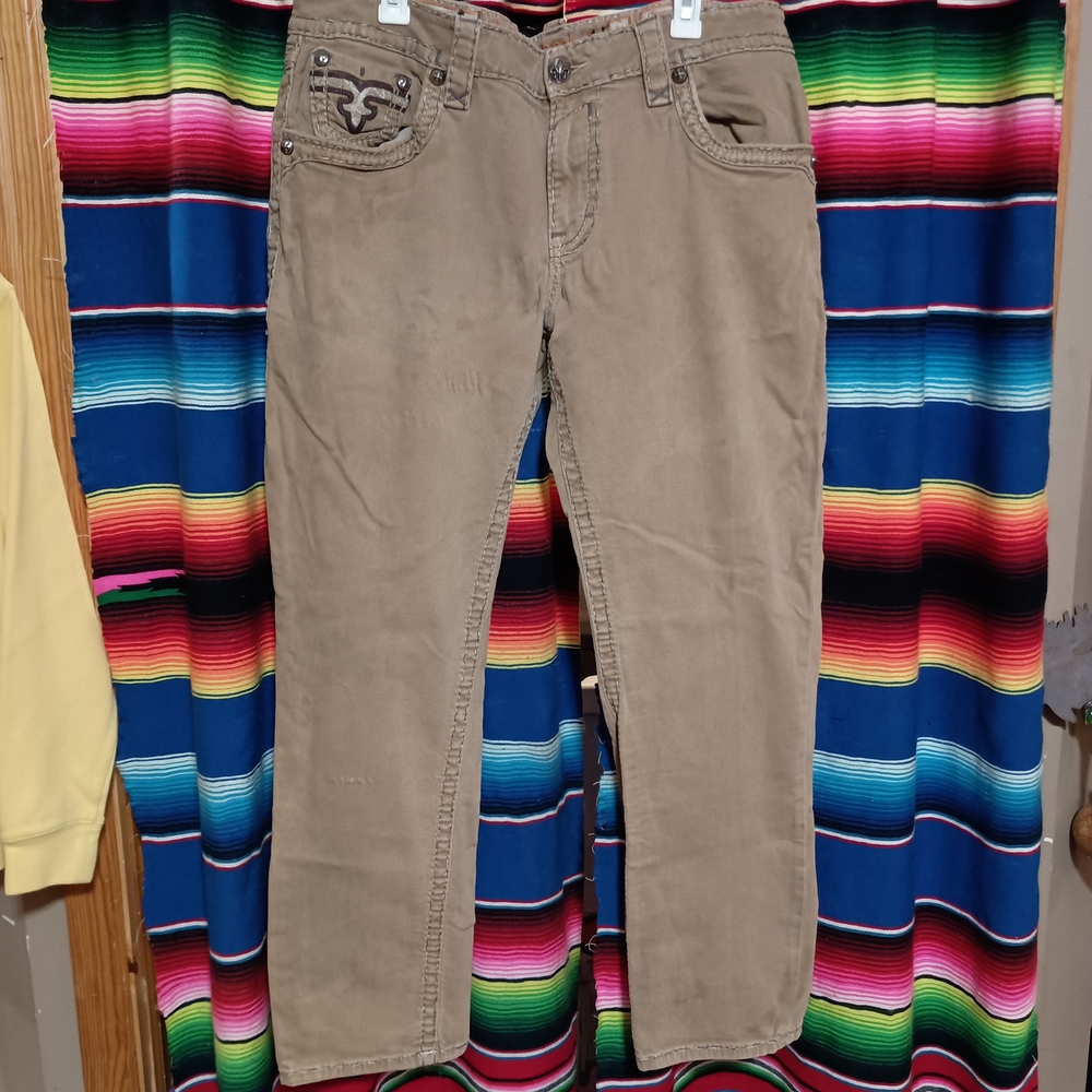 Rock Revival Tan Jeans with Orange Embroidered Logo